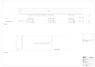 Fasadetegning som viser eksisterende og nytt bygg sett fra øst og nord.