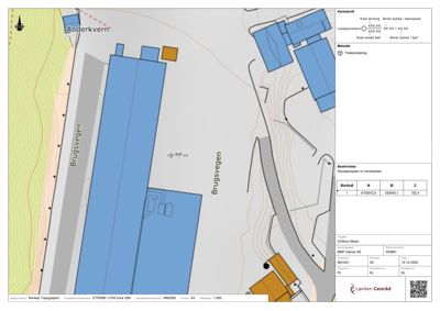 Situasjonsplan med borehullsplassering og -dybde for et tomt ved Brugsvegen.