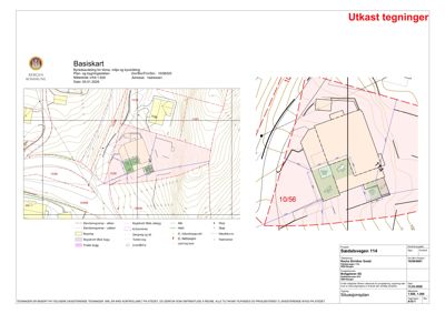 Situasjonsplan som viser tomtens beliggenhet, høydemålerkurver, eksisterende og planlagt bebyggelse, samt grenser og infrastruktur.