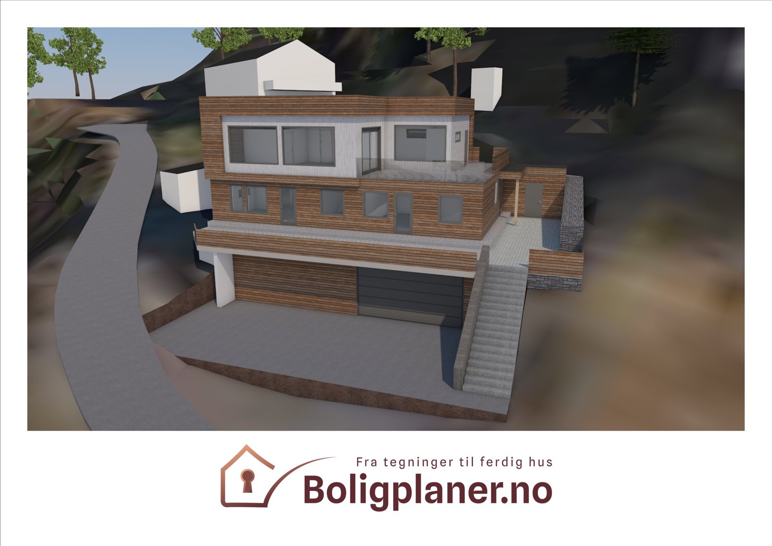 3D-visualisering av et moderne hus med garasje og terrasse, sett fra en vinkel som viser fasade og deler av terrenget.