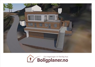 3D-visualisering av et moderne hus med garasje og terrasse, sett fra en vinkel som viser fasade og deler av terrenget.