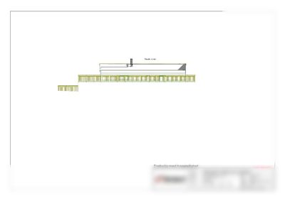 Fasadetegning som viser bygningens utseende fra siden, inkludert terrasse og takkonstruksjon.