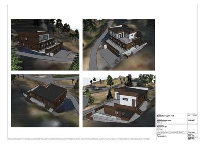En 3D-visualisering (rendering) som viser en moderne villa sett fra fire ulike perspektiver. Bildene illustrerer fasade, terrengforhold og omgivelser.