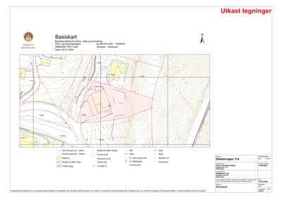 Basiskart som viser tomtens situasjon med høydekurver, naboeiendommer, reguleringsgrenser og planlagt bebyggelse.