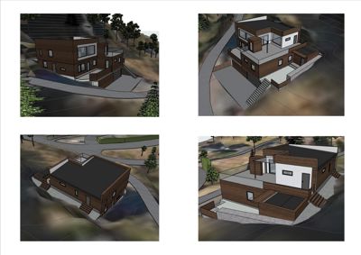 Fire ulike vinkler på en 3D-visualisering av en moderne villa i et naturomgitt landskap.