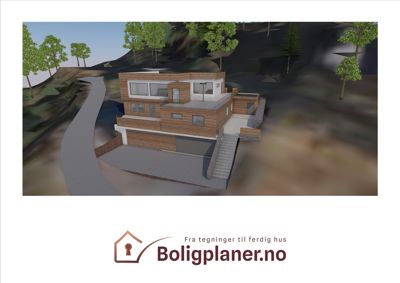 3D-visualisering av et moderne hus i et naturlig landskap