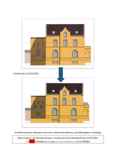 Fasade tegning som viser bygningens utseende fra sør, med en pil som indikerer endringer mellom to versjoner.