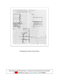 Tegning som viser fasade og snitt av en sidebygning med garasje.