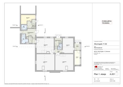Etasjeplan (1. etasje) som viser romfordeling, døråpninger og areal for en bygning.