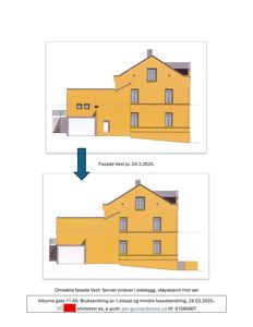 Bildet viser to fasadetegninger av en bygning med en pil som illustrerer endringer mellom de to versjonene.