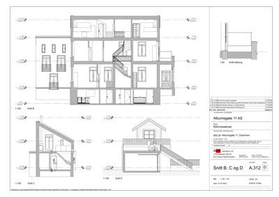 Tegning som viser snitt gjennom en bygning (Snitt B, C og D), inkludert etasjer og høyder.