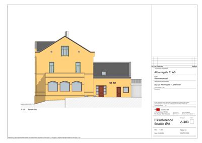 Fasadetegning av en gulett bygning sett fra øst.