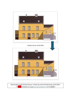 Bildet viser to fasadetegninger av en bygning, en før og en etter en planlagt endring, med en pil som indikerer overgangen.