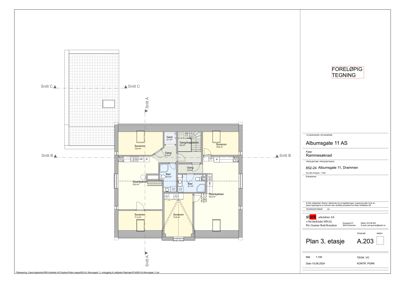 Etasjeplan (3. etasje) som viser romfordeling, arealer og snittlinjer for en bygning.