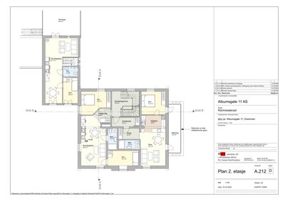 Etasjeplan (2. etasje) med romfordeling, mål og snittlinjer