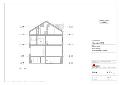 Snittegning (Snitt A) som viser bygningens tverrsnitt, etasjer og høyder.