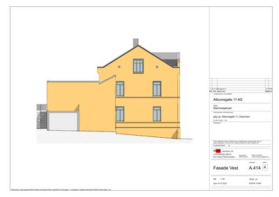 Fasadetegning av en gule fasade med vinduer og tak.