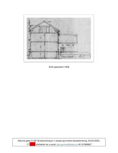 Tegning av et snitt gjennom en bygning, med høydeangivelser og et godkjenningstempel fra 1938.
