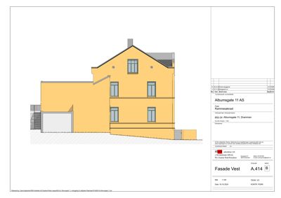Fasadetegning av en gulett bygning sett fra vest.