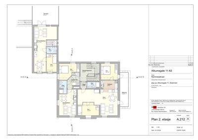 Etasjeplan (2. etasje) med romfordeling, mål og snittlinjer