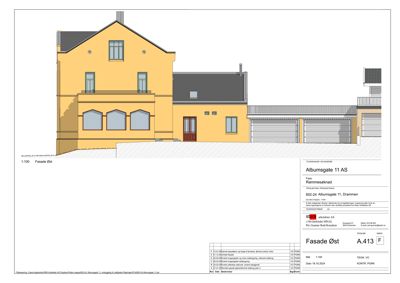Fasadetegning som viser bygningens utseende sett fra øst.