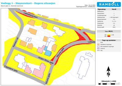 Støysonekart som viser støybelastning i området med bygninger og veier
