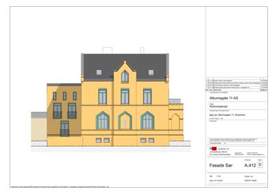 Fasadetegning som viser fronten av en bygning med vinduer, tak og fargevalg.
