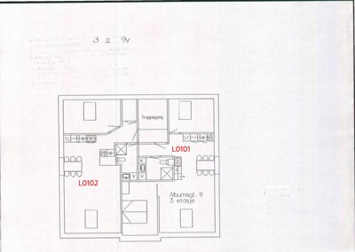 Etasjeplan som viser romfordeling, vegger og inngangsplassering for etasje 3.