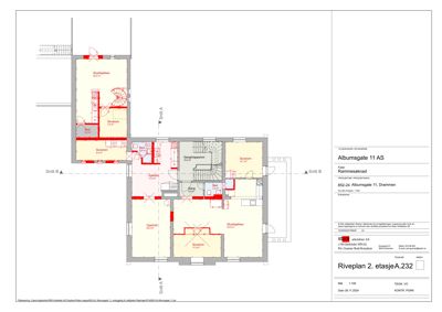 Etasjeplan (Riveplan 2. etasje) med romfordeling, areal og snittlinjer
