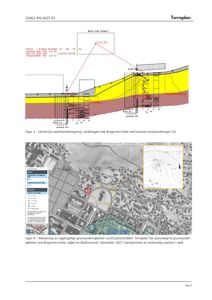 Bildet viser en situasjonsplan med topografi og markerte geotekniske borehull i et byområde.