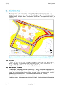 Støysonekart som viser beregnet støy fra veitrafikk i et nabolag, med bygninger og gater markert.