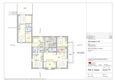 Etasjeplan (2. etasje) med romfordeling, mål og snittlinjer.