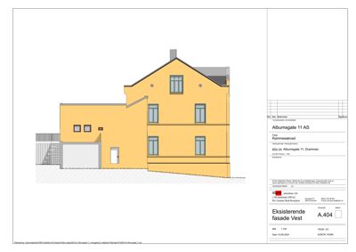 Fasadetegning av en gule bygning sett fra vest.