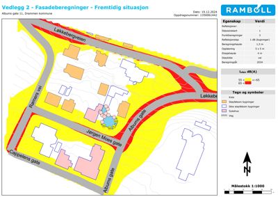 Støysonekart som viser beregnede støyverdier (Lden) i området rundt Albums gate 11, Drammen.