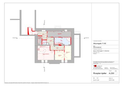 Etasjeplan (Riveplan kjeller) som viser romfordeling, døråpninger og areal i et bygg.