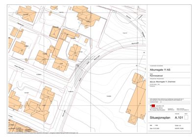 Situasjonsplan som viser tomt, naboeiendommer, veier og bygningers plassering i forhold til hverandre.