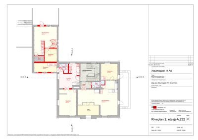 Etasjeplan (Riveplan 2. etasje) som viser romfordeling, arealer og snittlinjer for en bygning.