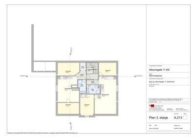 Etasjeplan (3. etasje) som viser romfordeling, veggposisjon og areal for en bygning.