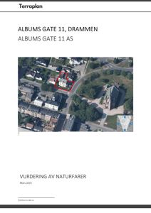 Et flyfoto av et nabolag med en markert eiendom (Albums gate 11) og en tilhørende kartinnsikt.