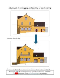 Fasadeillustrasjon som viser en bygning før og etter planlagt endring.