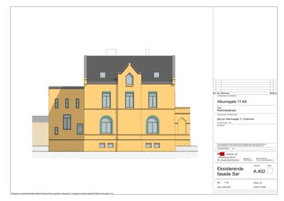 Fasadetegning som viser fronten av en bygning med vinduer, tak og fargevalg.