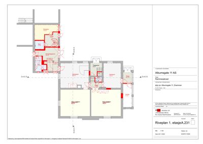 Etasjeplan (Riveplan 1. etasje) som viser romfordeling, dører, trapperom og areal for hver romtype.