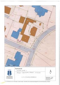 Kartutsnitt som viser eiendomsinndeling, vegnett og bygningssituasjon i Drammen kommune.