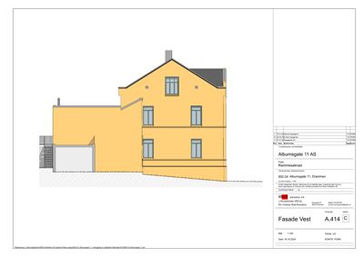 Fasadetegning av bygningens vestside med fargeoppsett