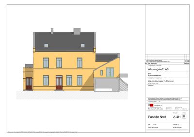 Fasadetegning av en bygning sett fra nord, med farge og skygger for å illustrere utseendet.