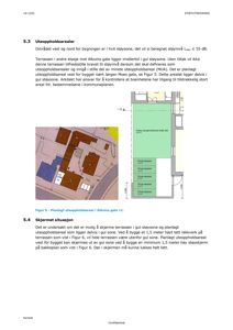 Bildet viser en situasjonsplan som illustrerer planlagt uteoppholdsareal i forhold til bygninger og gater.