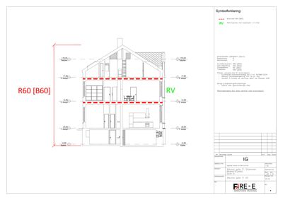Snittegning av en bygning som viser etasjehøyder, romfordeling og brannskillelementer.