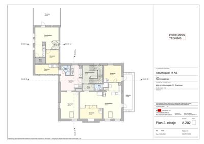 Etasjeplan (2. etasje) som viser romfordeling, arealer og snittlinjer for en bolig.