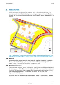 Støysonekart som viser beregnet støy fra veitrafikk i et nabolag, med fargekoding for ulike nivåer.