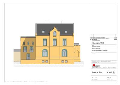 Fasadetegning som viser fronten av en bygning med farger og detaljer.